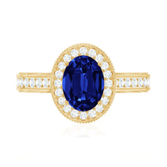 Certified 1.5 Carat Lab Grown Blue Sapphire Engagement Ring with Diamond Halo