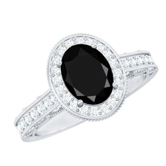 Vintage Inspired Black Onyx Oval Engagement Ring with Diamond Halo