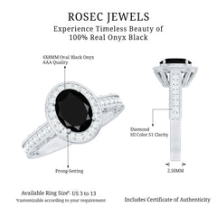 Vintage Inspired Black Onyx Oval Engagement Ring with Diamond Halo