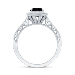 Vintage Inspired Black Onyx Oval Engagement Ring with Diamond Halo