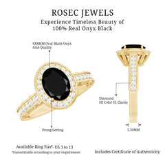 Vintage Inspired Black Onyx Oval Engagement Ring with Diamond Halo