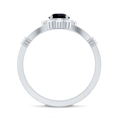 5mm Black Onyx Floral Engagement Ring with Diamond Halo