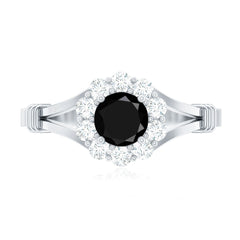 5mm Black Onyx Floral Engagement Ring with Diamond Halo