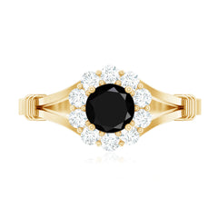 5mm Black Onyx Floral Engagement Ring with Diamond Halo