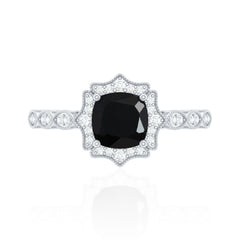 Vintage Inspired Black Onyx and Diamond Halo Engagement Ring