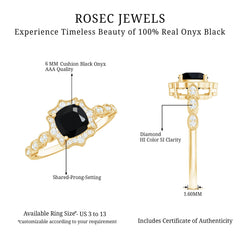 Vintage Inspired Black Onyx and Diamond Halo Engagement Ring