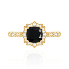 Vintage Inspired Black Onyx and Diamond Halo Engagement Ring