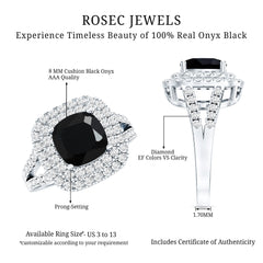 Vintage Style Cushion Cut Black Onyx and Diamond Double Halo Engagement Ring