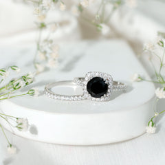 Round Created Black Diamond Classic Halo Ring Set with Moissanite
