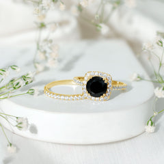 Round Created Black Diamond Classic Halo Ring Set with Moissanite