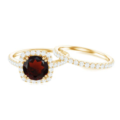 Natural Garnet Diamond Engagement Ring with Wedding Band