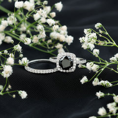 Natural Black Spinel Wedding Bridal Ring Set with Moissanite