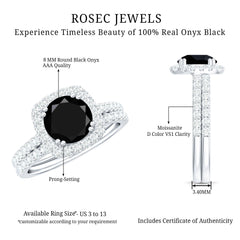 Round Cut Black Onyx Bridal Wedding Ring Set with Moissanite
