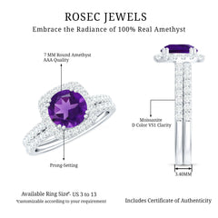 Real Amethyst and Moissanite Classic Halo Ring Set