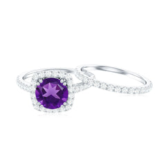Real Amethyst and Moissanite Classic Halo Ring Set