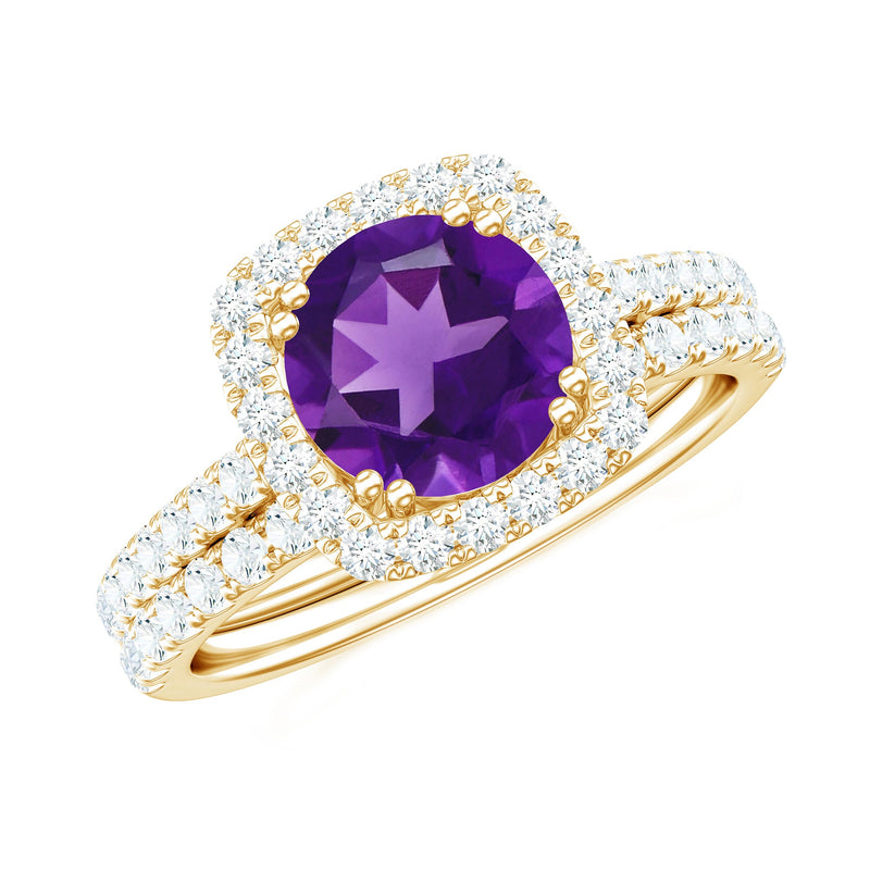 Real Amethyst and Moissanite Classic Halo Ring Set