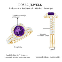 Real Amethyst and Moissanite Classic Halo Ring Set