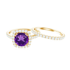 Real Amethyst and Moissanite Classic Halo Ring Set