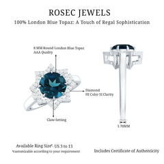 Round Cut London Blue Topaz Cocktail Halo Ring with Diamonds
