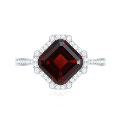 Natural 8mm Asscher Cut Garnet Engagement Ring with Diamond Halo