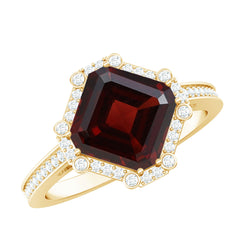 Natural 8mm Asscher Cut Garnet Engagement Ring with Diamond Halo