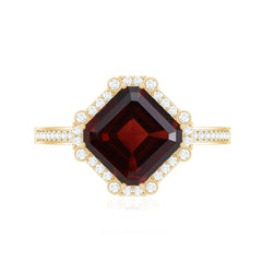 Natural 8mm Asscher Cut Garnet Engagement Ring with Diamond Halo