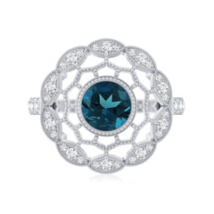 Genuine London Blue Topaz and Diamond Statement Ring with Beaded Details
