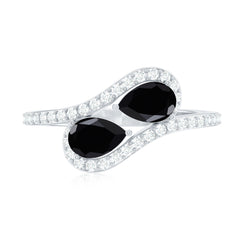 6X8mm Pear Cut Black Onyx Two Stone Engagement Ring with Diamond