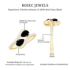 6X8mm Pear Cut Black Onyx Two Stone Engagement Ring with Diamond