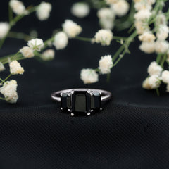 Emerald Cut Black Onyx Three Stone Engagement Ring