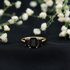 Emerald Cut Black Onyx Three Stone Engagement Ring