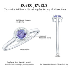 Genuine Tanzanite Promise Ring with Diamond Halo