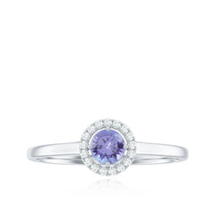 Genuine Tanzanite Promise Ring with Diamond Halo