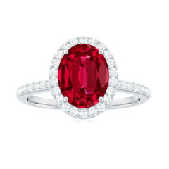 Classic Lab Grown Ruby Oval Engagement Ring with Diamond Halo