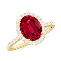 Classic Lab Grown Ruby Oval Engagement Ring with Diamond Halo