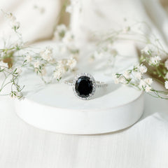 3 CT Oval Shape Created Black Diamond and Diamond Halo Engagement Ring