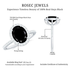 7X9mm Oval Cut Black Onyx Diamond Engagement Ring with Certificate