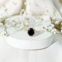 7X9mm Oval Cut Black Onyx Diamond Engagement Ring with Certificate