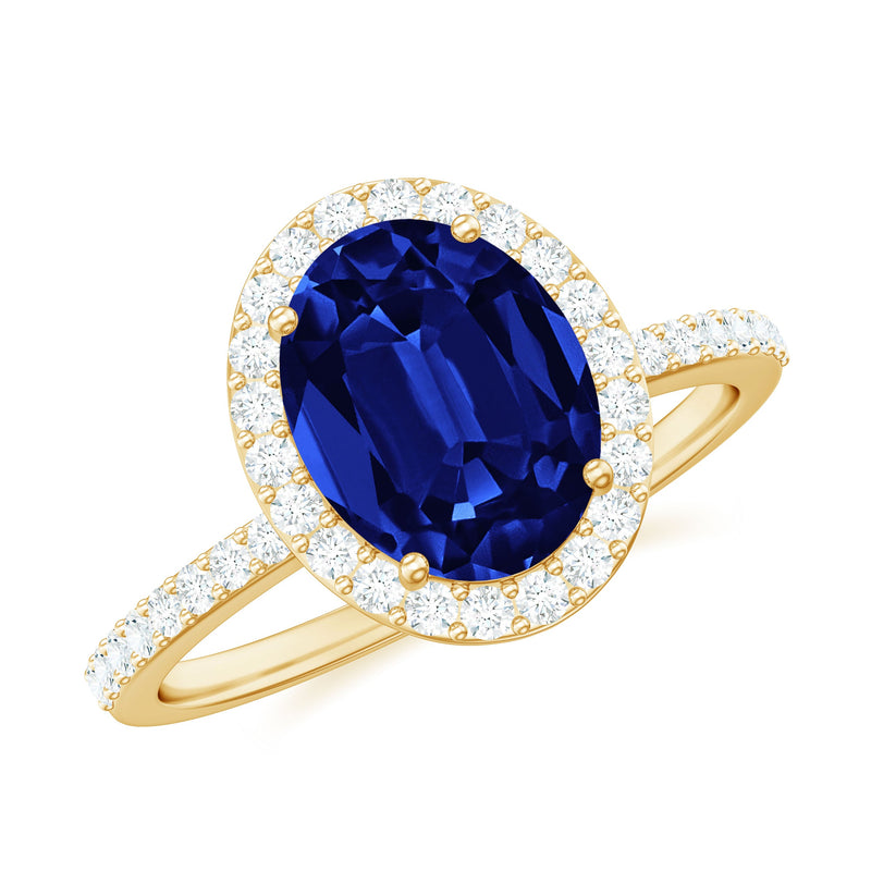 4 Carat Lab Grown Blue Sapphire Oval Engagement Ring with Diamond Halo