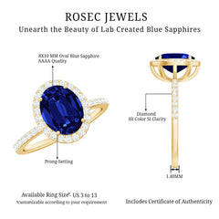 4 Carat Lab Grown Blue Sapphire Oval Engagement Ring with Diamond Halo