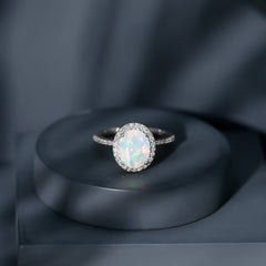 Certified Real 8X10 mm Ethiopian Opal Engagement Ring with Diamond Halo