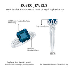 8mm Asscher Cut London Blue Topaz Designer Solitaire Engagement Ring