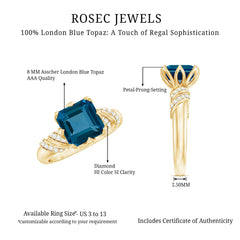 8mm Asscher Cut London Blue Topaz Designer Solitaire Engagement Ring