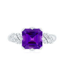 Asscher Cut Amethyst Designer Engagement Ring with Diamond