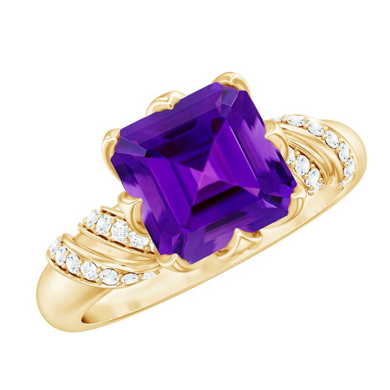 Asscher Cut Amethyst Designer Engagement Ring with Diamond