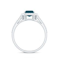 Emerald Cut London Blue Topaz Engagement Ring with Diamond Halo