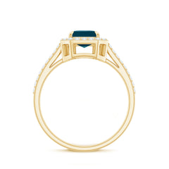 Emerald Cut London Blue Topaz Engagement Ring with Diamond Halo