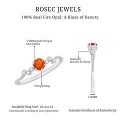 Round Fire Opal Minimal Leaf Promise Ring with Diamond in Gold