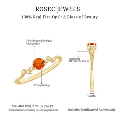 Round Fire Opal Minimal Leaf Promise Ring with Diamond in Gold