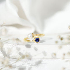 Lab Created Blue Sapphire and Pearl Toi Et Moi Ring
